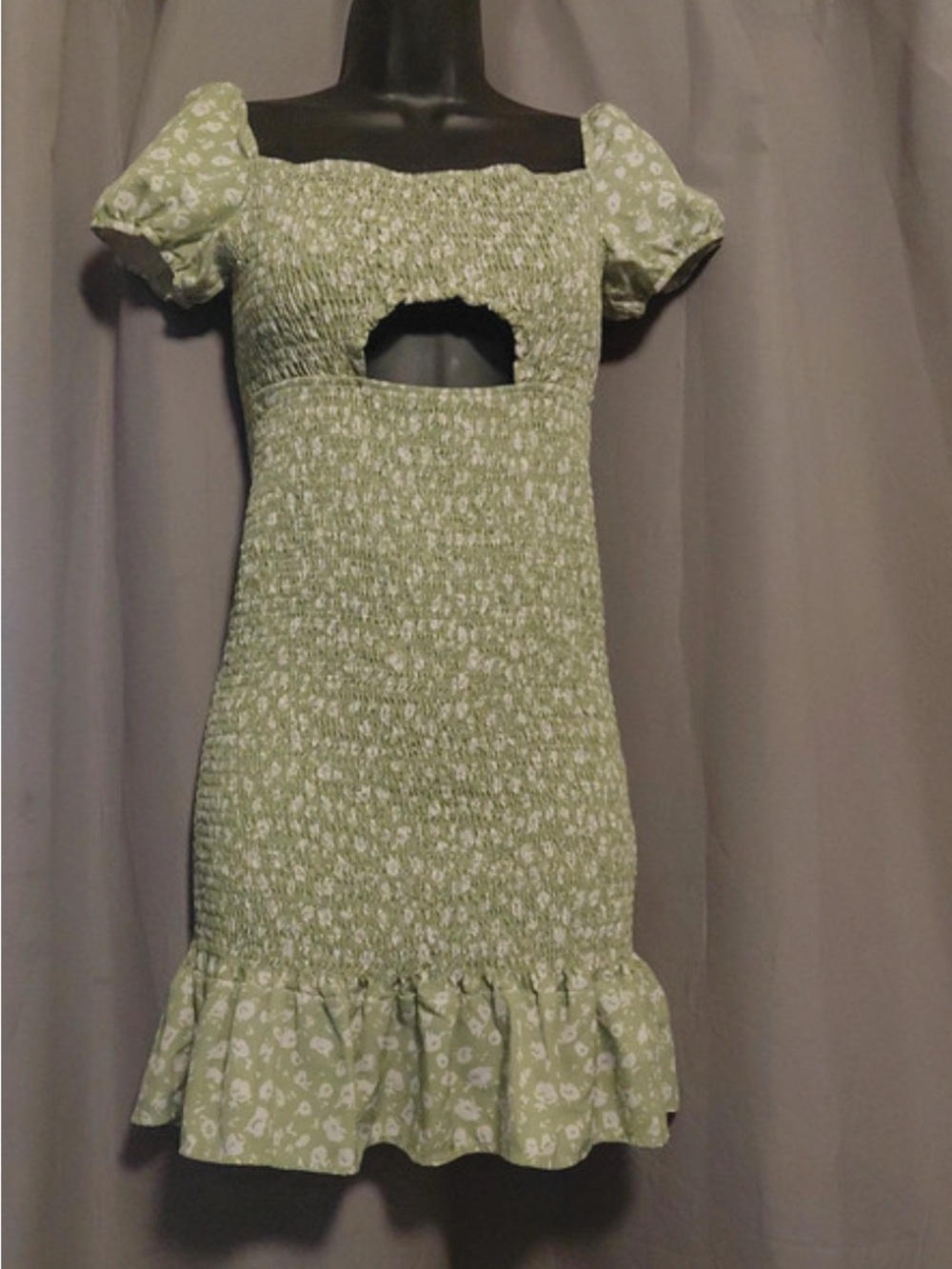 NWT-12-14 bikinishe Sage Green  Floral Smocked Mini Dress with Puff Sleeves